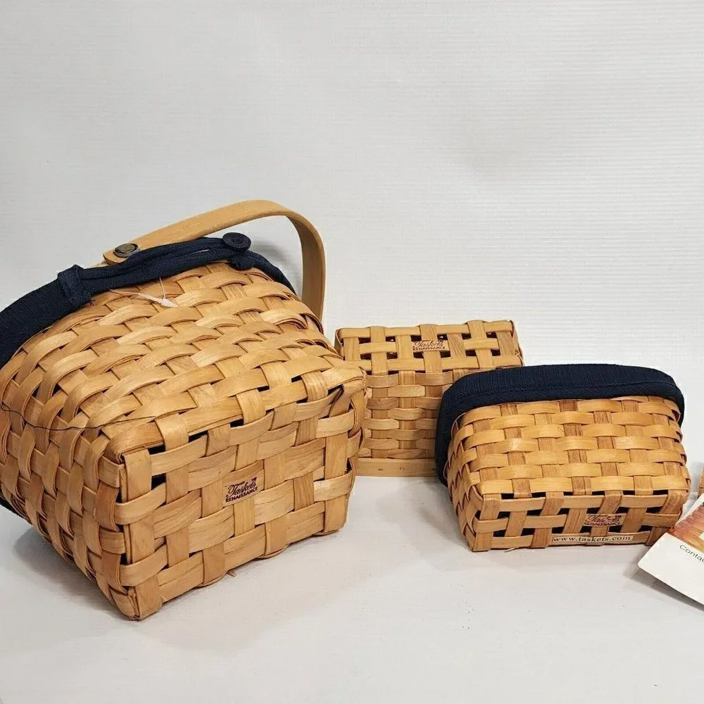3 Taskets Renaissance Wood Slat Woven Baskets Navy Liner Bow Wow Meow‎
